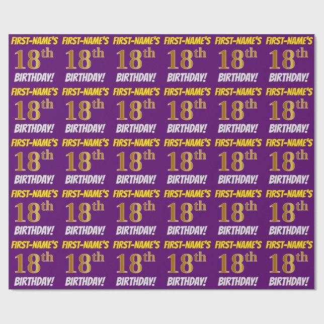 Papel De Regalo Morado, Faux/Imitation Gold, "18th BIRTHDAY" (Superficie plana)