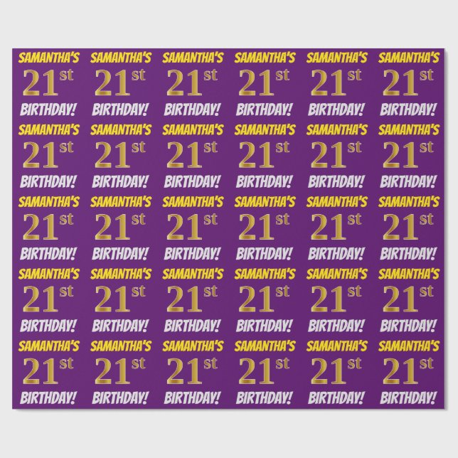 Papel De Regalo Morado, Faux/Imitation Gold, "21st BIRTHDAY" (Superficie plana)