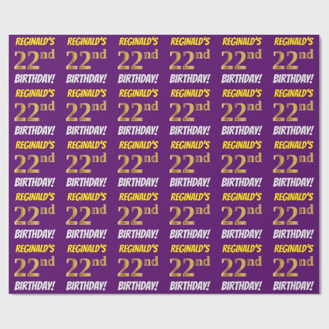 Papel De Regalo Morado, Faux/Imitation Gold, "22nd BIRTHDAY" (Superficie plana)