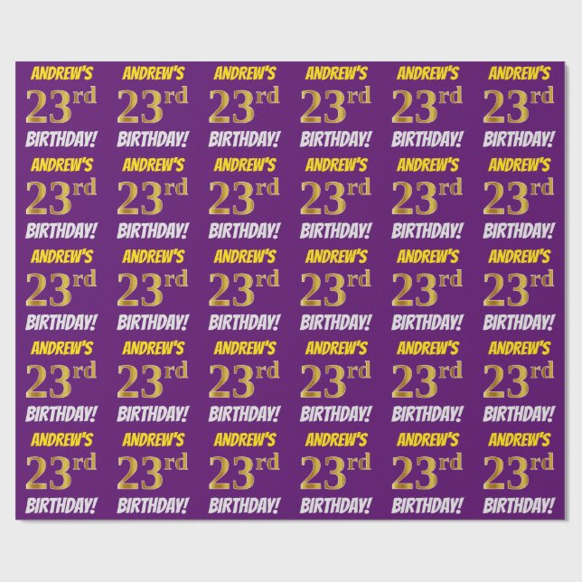 Papel De Regalo Morado, Faux/Imitation Gold, "23rd BIRTHDAY" (Superficie plana)