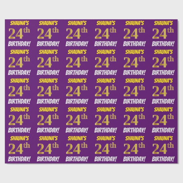 Papel De Regalo Morado, Faux/Imitation Gold, "24th BIRTHDAY" (Superficie plana)