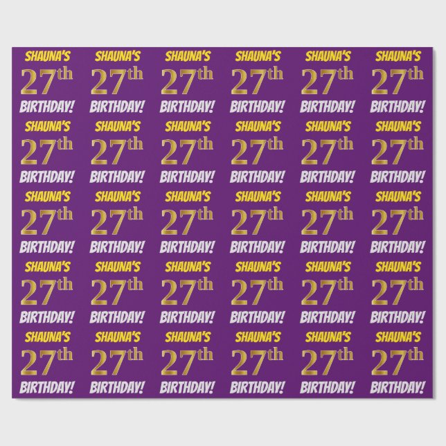 Papel De Regalo Morado, Faux/Imitation Gold, "27th BIRTHDAY" (Superficie plana)