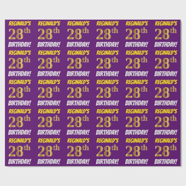 Papel De Regalo Morado, Faux/Imitation Gold, "28th BIRTHDAY" (Superficie plana)