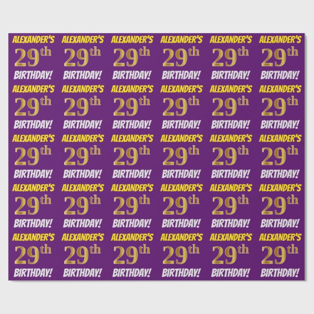 Papel De Regalo Morado, Faux/Imitation Gold, "29th BIRTHDAY" (Superficie plana)