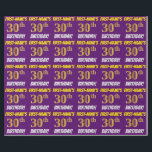 Papel De Regalo Morado, Faux/Imitation Gold, "30th BIRTHDAY"<br><div class="desc">Este diseño de papel envolvente incluye un mensaje como "¡30 CUMPLEAÑOS DE NOMBRE PRIMERO!", con el "30" con un aspecto de color falso/imitación de color dorado, y con el nombre y el "CUMPLEAÑOS" en un tipo de letra divertido y audaz. El nombre se puede personalizar y el fondo es morado....</div>