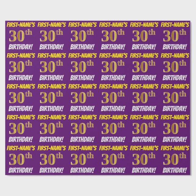 Papel De Regalo Morado, Faux/Imitation Gold, "30th BIRTHDAY" (Superficie plana)