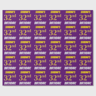 Papel De Regalo Morado, Faux/Imitation Gold, "32nd BIRTHDAY"