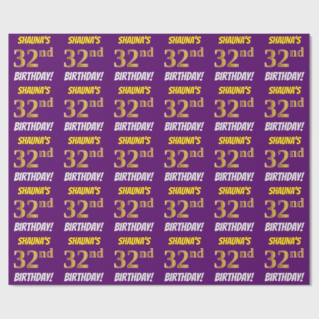 Papel De Regalo Morado, Faux/Imitation Gold, "32nd BIRTHDAY" (Superficie plana)