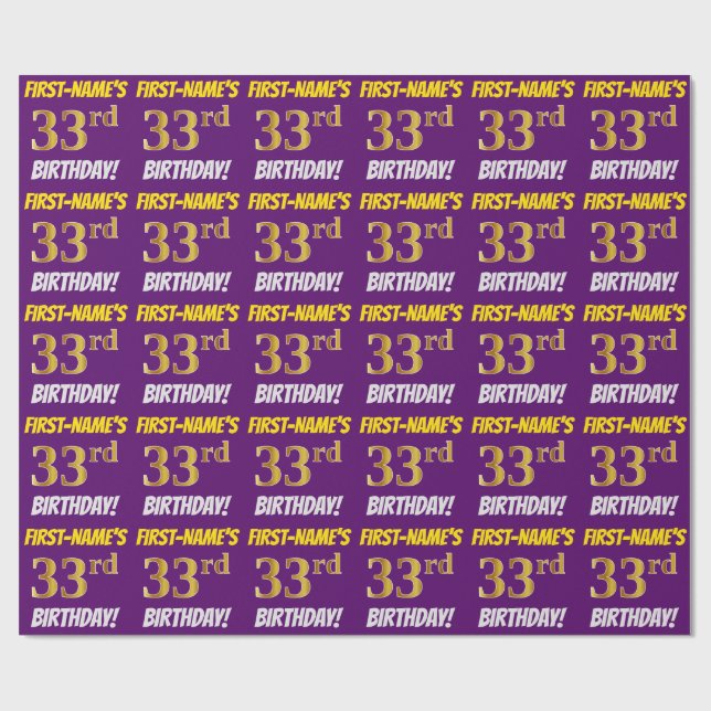 Papel De Regalo Morado, Faux/Imitation Gold, "33rd BIRTHDAY" (Superficie plana)