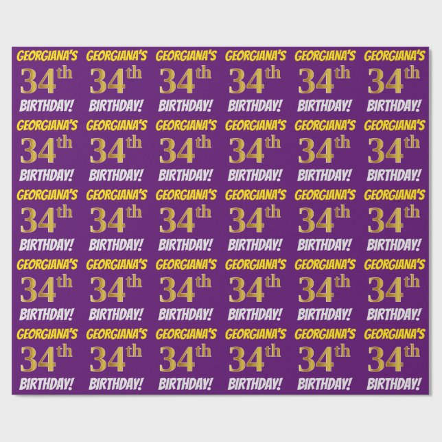 Papel De Regalo Morado, Faux/Imitation Gold, "34th BIRTHDAY" (Superficie plana)
