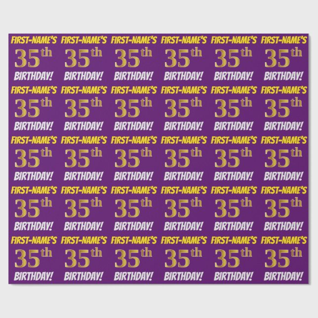 Papel De Regalo Morado, Faux/Imitation Gold, "35th BIRTHDAY" (Superficie plana)