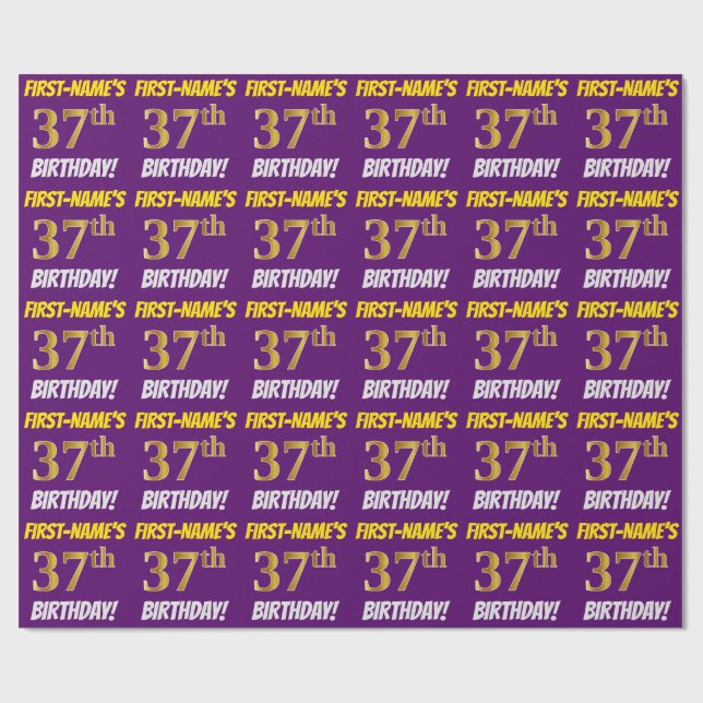 Papel De Regalo Morado, Faux/Imitation Gold, "37th BIRTHDAY" (Superficie plana)