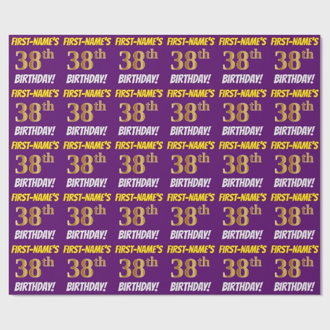 Papel De Regalo Morado, Faux/Imitation Gold, "38th BIRTHDAY" (Superficie plana)