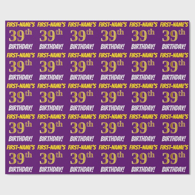 Papel De Regalo Morado, Faux/Imitation Gold, "39th BIRTHDAY" (Superficie plana)