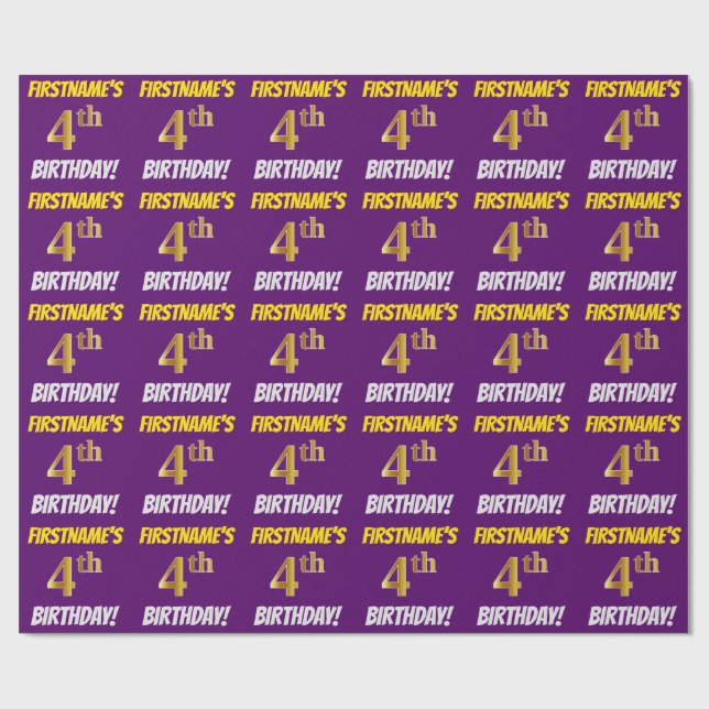 Papel De Regalo Morado, Faux/Imitation Gold, "4º CUMPLEAÑOS" (Superficie plana)