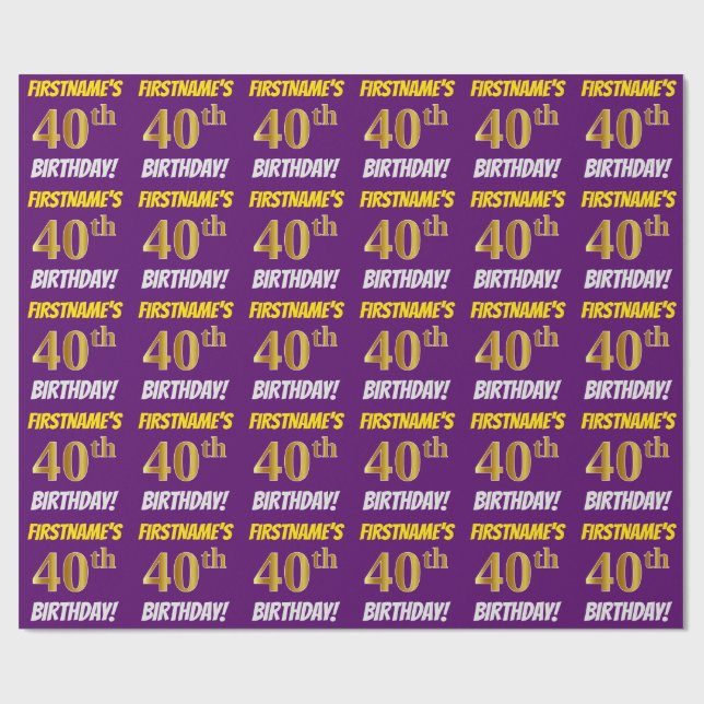 Papel De Regalo Morado, Faux/Imitation Gold, "40th BIRTHDAY" (Superficie plana)