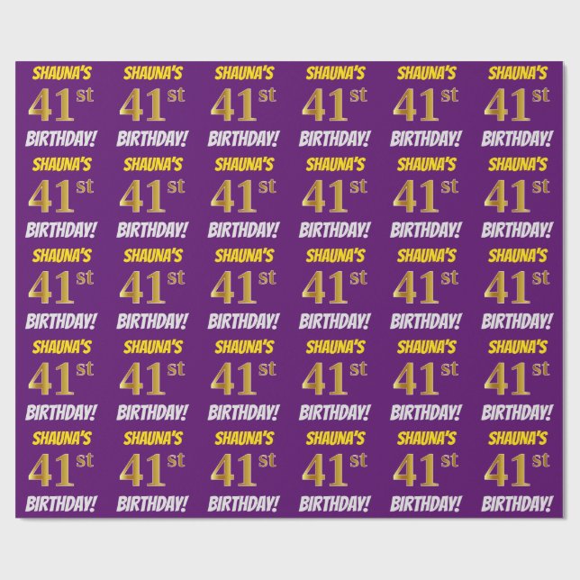 Papel De Regalo Morado, Faux/Imitation Gold, "41st BIRTHDAY" (Superficie plana)