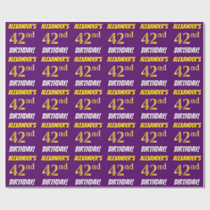 Papel De Regalo Morado, Faux/Imitation Gold, "42nd BIRTHDAY"