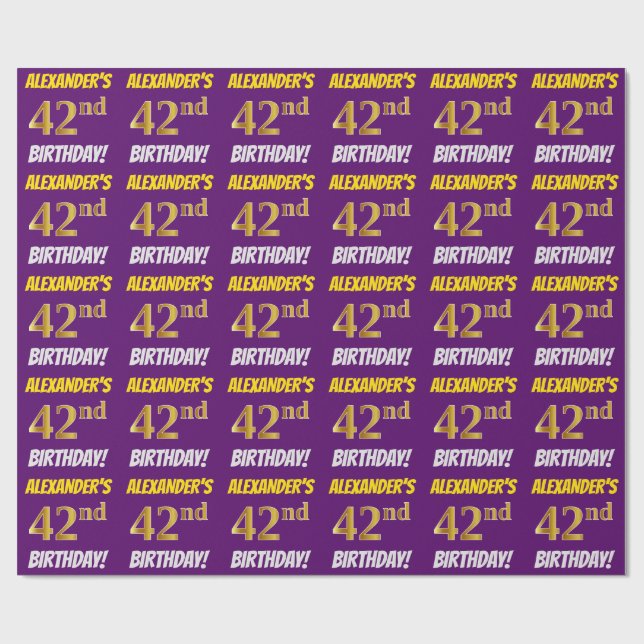 Papel De Regalo Morado, Faux/Imitation Gold, "42nd BIRTHDAY" (Superficie plana)