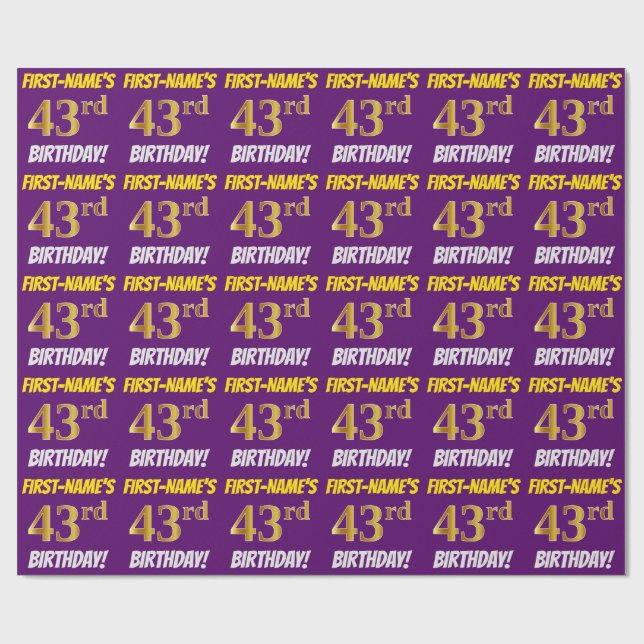 Papel De Regalo Morado, Faux/Imitation Gold, "43rd BIRTHDAY" (Superficie plana)