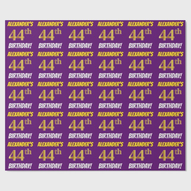 Papel De Regalo Morado, Faux/Imitation Gold, "44th BIRTHDAY" (Superficie plana)