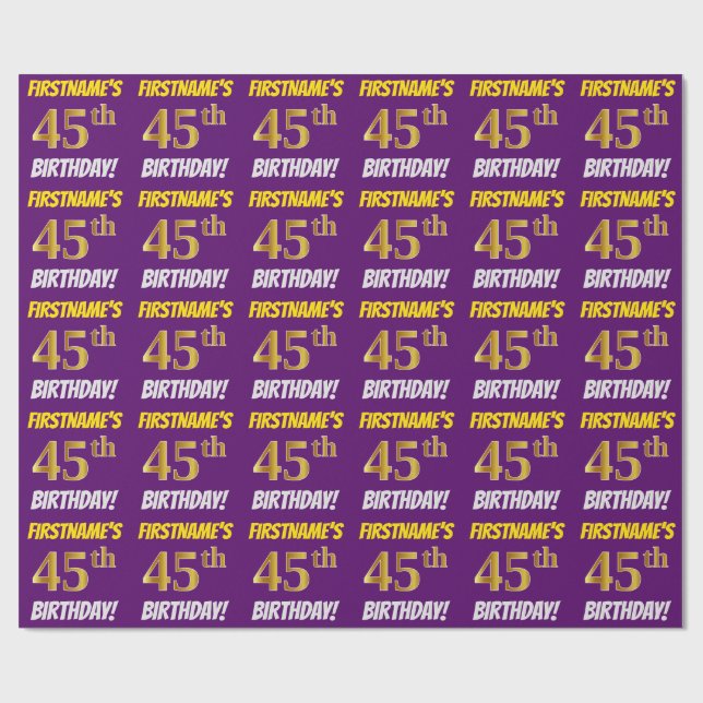 Papel De Regalo Morado, Faux/Imitation Gold, "45th BIRTHDAY" (Superficie plana)