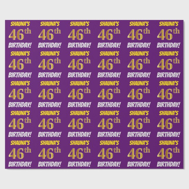 Papel De Regalo Morado, Faux/Imitation Gold, "46th BIRTHDAY" (Superficie plana)