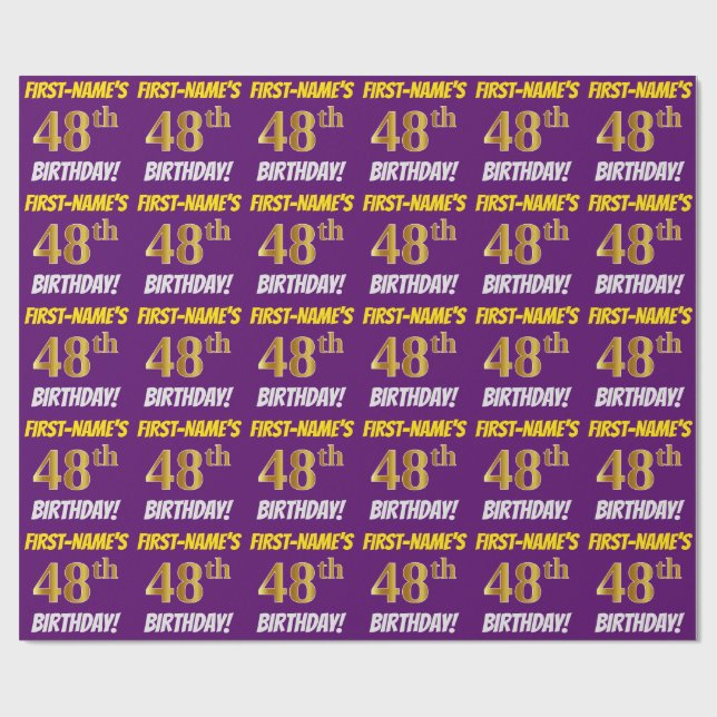 Papel De Regalo Morado, Faux/Imitation Gold, "48th BIRTHDAY" (Superficie plana)