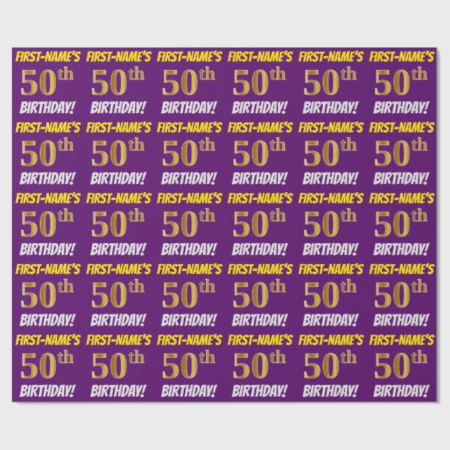Papel De Regalo Morado, Faux/Imitation Gold, "50th BIRTHDAY" (Superficie plana)
