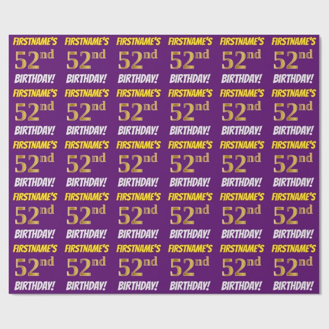 Papel De Regalo Morado, Faux/Imitation Gold, "52nd BIRTHDAY" (Superficie plana)