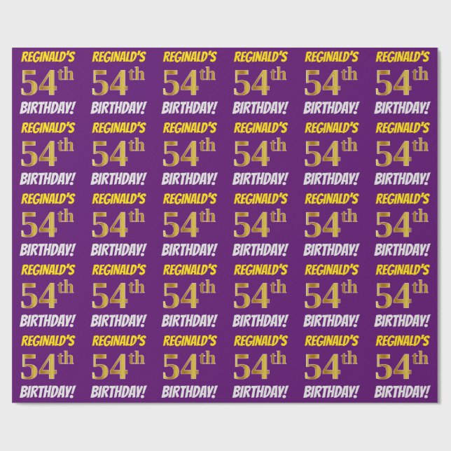 Papel De Regalo Morado, Faux/Imitation Gold, "54th BIRTHDAY" (Superficie plana)