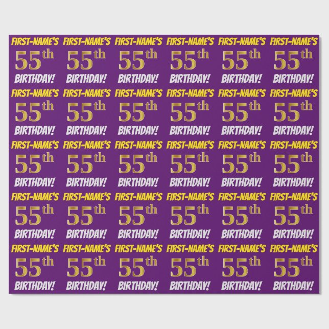 Papel De Regalo Morado, Faux/Imitation Gold, "55th BIRTHDAY" (Superficie plana)