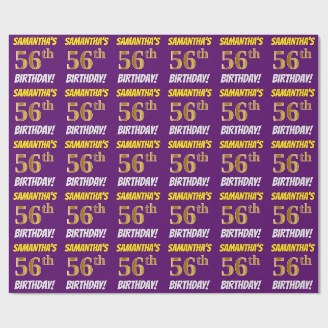 Papel De Regalo Morado, Faux/Imitation Gold, "56th BIRTHDAY" (Superficie plana)