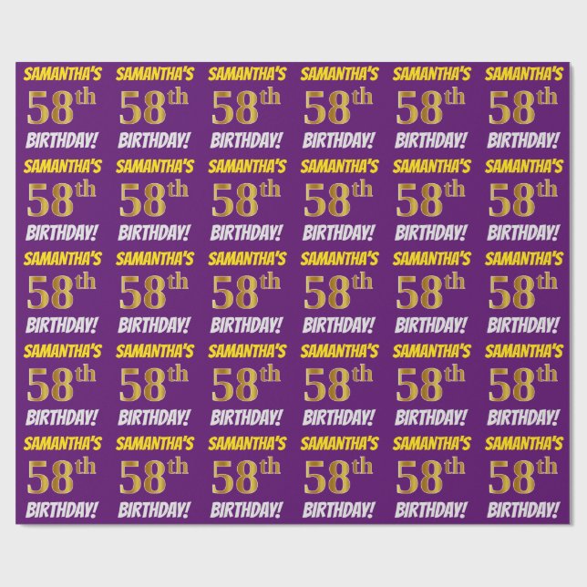 Papel De Regalo Morado, Faux/Imitation Gold, "58th BIRTHDAY" (Superficie plana)