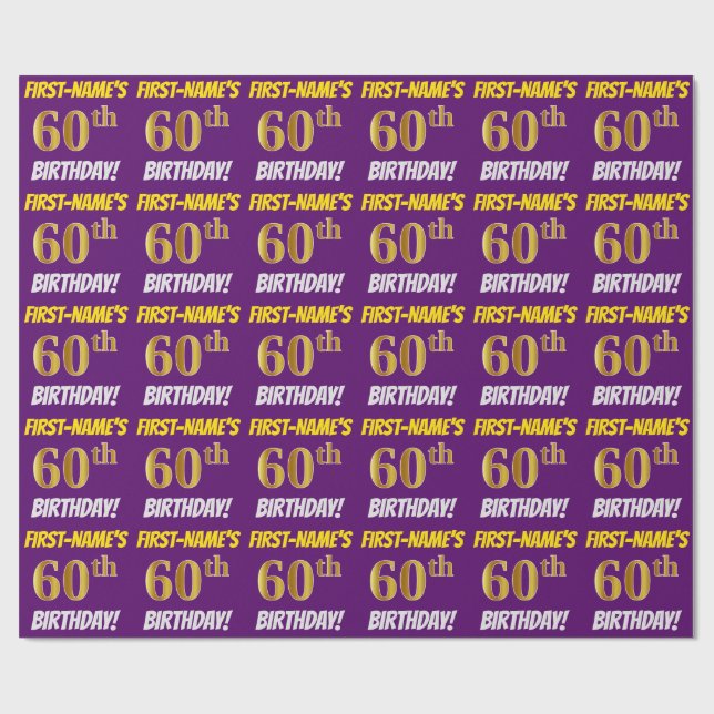 Papel De Regalo Morado, Faux/Imitation Gold, "60th BIRTHDAY" (Superficie plana)