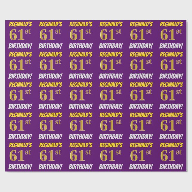 Papel De Regalo Morado, Faux/Imitation Gold, "61st BIRTHDAY" (Superficie plana)