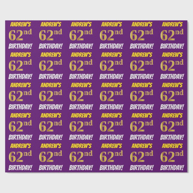 Papel De Regalo Morado, Faux/Imitation Gold, "62nd BIRTHDAY" (Superficie plana)