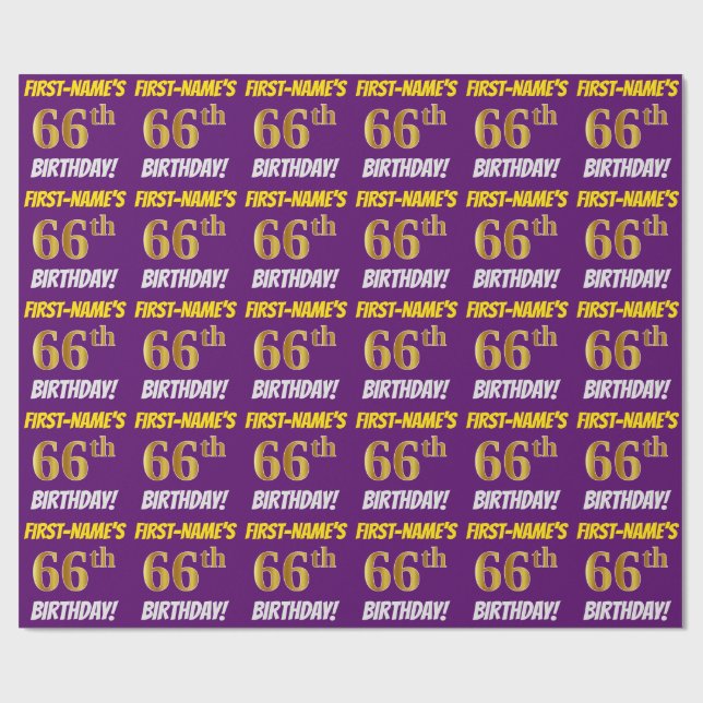 Papel De Regalo Morado, Faux/Imitation Gold, "66th BIRTHDAY" (Superficie plana)