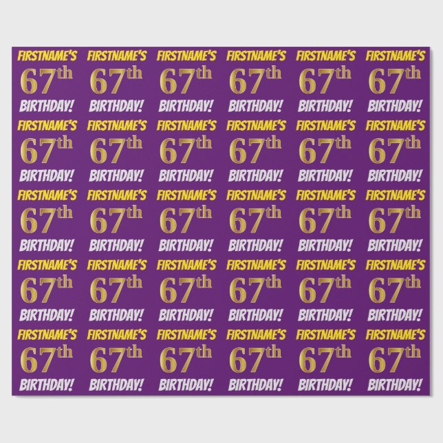Papel De Regalo Morado, Faux/Imitation Gold, "67th BIRTHDAY" (Superficie plana)