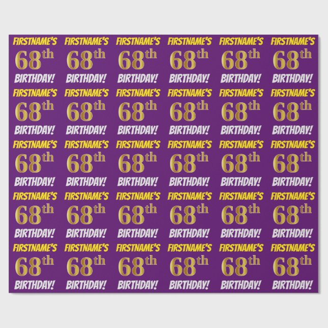 Papel De Regalo Morado, Faux/Imitation Gold, "68th BIRTHDAY" (Superficie plana)