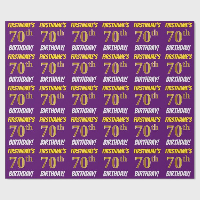 Papel De Regalo Morado, Faux/Imitation Gold, "70th BIRTHDAY" (Superficie plana)