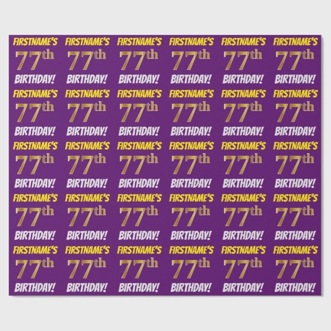 Papel De Regalo Morado, Faux/Imitation Gold, "77th BIRTHDAY" (Superficie plana)