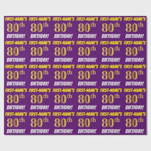 Papel De Regalo Morado, Faux/Imitation Gold, "80th BIRTHDAY" (Superficie plana)