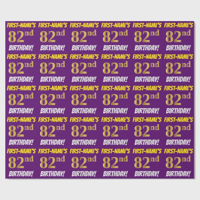 Papel De Regalo Morado, Faux/Imitation Gold, "82nd BIRTHDAY" (Superficie plana)