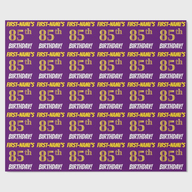 Papel De Regalo Morado, Faux/Imitation Gold, "85th BIRTHDAY" (Superficie plana)