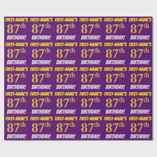 Papel De Regalo Morado, Faux/Imitation Gold, "87th BIRTHDAY" (Superficie plana)