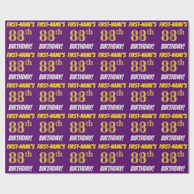 Papel De Regalo Morado, Faux/Imitation Gold, "88th BIRTHDAY" (Superficie plana)