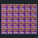 Papel De Regalo Morado, Faux/Imitation Gold, "90th BIRTHDAY"<br><div class="desc">Este diseño de papel envolvente incluye un mensaje como "¡CUMPLEAÑOS 90 DE PRIMER NOMBRE!", en el que el "90" tiene un aspecto de color falso/imitación de color dorado, y con el nombre y el "CUMPLEAÑOS" en un tipo de letra divertido y audaz. El nombre es personalizable y el fondo es...</div>
