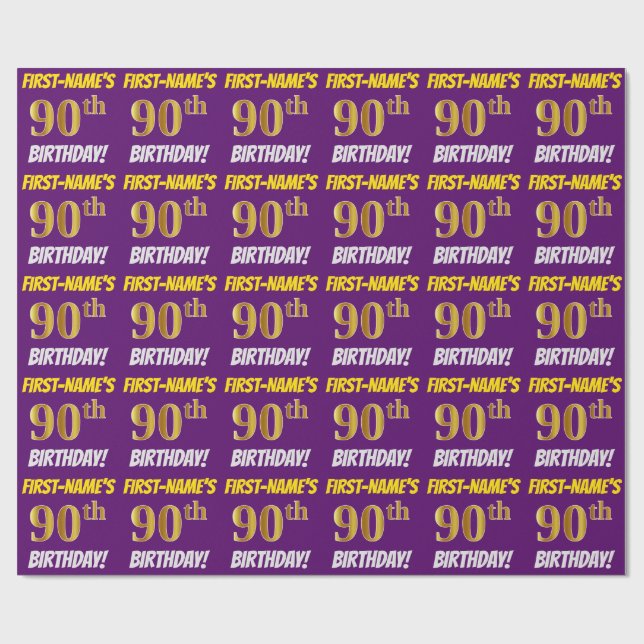 Papel De Regalo Morado, Faux/Imitation Gold, "90th BIRTHDAY" (Superficie plana)