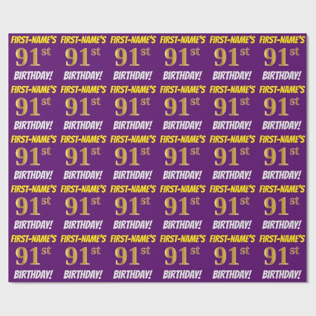 Papel De Regalo Morado, Faux/Imitation Gold, "91st BIRTHDAY" (Superficie plana)